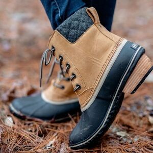Sorel Slimpack II Lace Boot Women's 9 Elk Tan Black✨Leather Waterproof Fleece